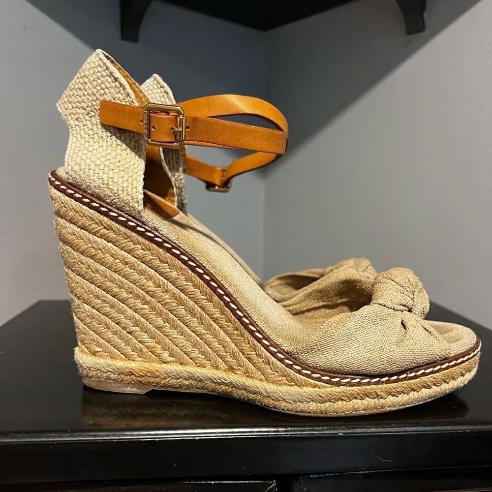 Tory Burch Macy Natural Linen with Metallic Flecks Espadrille Wedges